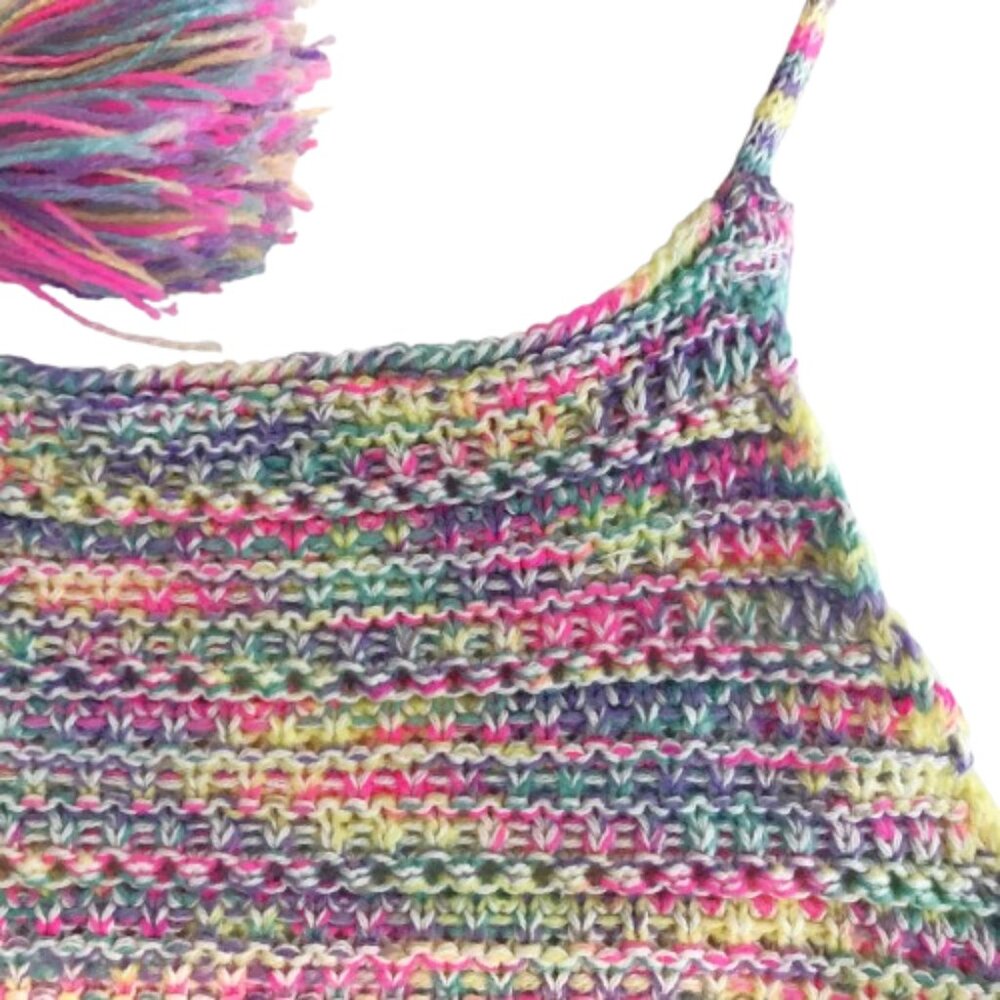 Crochet Halter Top Pom Pom Fringe Multicolor Summer Top S, M
